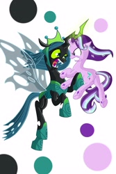 Size: 2000x3000 | Tagged: safe, artist:justsomepainter11, imported from derpibooru, queen chrysalis, starlight glimmer, changeling, pony, unicorn, season 9, the ending of the end, spoiler:s09, angry, duo, duo female, ears back, fangs, female, fight, flying, frown, gritted teeth, high res, looking at each other, looking at someone, mare, open mouth, polka dot background, rainbow power, simple background, teeth, trace, ultimate chrysalis, white background, wings