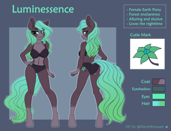 Size: 4020x3080 | Tagged: safe, alternate version, artist:dandy, imported from derpibooru, oc, oc only, oc:luminessence, anthro, earth pony, unguligrade anthro, ass, bald face, bedroom eyes, black bra, black panties, black underwear, blaze (coat marking), bra, breasts, brown coat, butt, cleavage, clothes, coat markings, ear fluff, earth pony oc, eyeshadow, facial markings, female, freckles, green mane, green tail, hand on hip, high res, lingerie, looking at you, makeup, mare, pale belly, panties, reference sheet, socks (coat markings), solo, tail, underwear