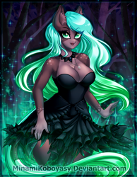 Size: 2902x3737 | Tagged: safe, artist:minamikoboyasy, imported from derpibooru, oc, oc only, oc:luminessence, anthro, earth pony, breasts, clothes, commission, dress, ear fluff, earth pony oc, female, high res, jewelry, looking at you, necklace, solo