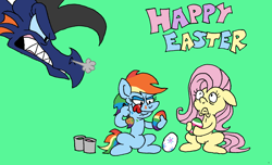Size: 3146x1915 | Tagged: safe, artist:dragonboi471, imported from derpibooru, fluttershy, rainbow dash, oc, dragon, pegasus, pony, angry, dragon egg, dragon oc, dragoness, easter, egg, female, green background, holiday, mare, simple background, this will end in pain, this will not end well, tongue out