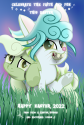 Size: 3470x5167 | Tagged: safe, artist:lincolnbrewsterfan, imported from derpibooru, oc, oc only, oc:easter sundae, oc:palm sundae, earth pony, hybrid, original species, pony, rabbit, my little pony: the movie, rainbow roadtrip, rarity takes manehattan, .svg available, animal, blue hair, blue mane, blue tail, bucktooth, bunny ears, bunny tail, bunny teeth, carrying, christianity, cloud, cross, curly hair, curly mane, curly tail, cute, duo, duo female, earth pony oc, easter, easter bunny, easter egg, egg (food), equestria font, female, food, glowing, gradient mane, gradient tail, grass, grass field, happy, heart, holiday, hoof heart, leaning, looking at you, lying down, lying on top of someone, mare, mouth hold, movie accurate, ocbetes, paw pads, rabbit pony, sibling love, siblings, sigil, sisters, smiling, smiling at you, sunrise, svg, symbol, tail, text, vector, well wishing