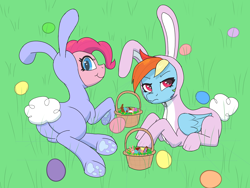 Size: 2800x2106 | Tagged: safe, artist:sufficient, imported from derpibooru, pinkie pie, rainbow dash, pony, animal costume, bunny costume, bunny ears, butt, candy, clothes, costume, easter, easter egg, food, grass, grumpy, happy, holiday, lying down, plot