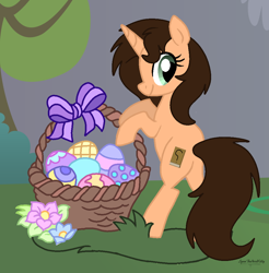 Size: 1000x1017 | Tagged: safe, artist:lynnthenerdkitty, artist:nerdy-pony, artist:small-brooke1998, imported from derpibooru, oc, oc:small brooke, pony, unicorn, base used, basket, butt, easter, easter basket, easter egg, holiday, plot