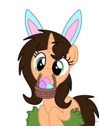 Size: 1118x1424 | Tagged: safe, artist:lynnthenerdkitty, artist:nerdy-pony, artist:small-brooke1998, imported from derpibooru, oc, oc only, oc:small brooke, pony, unicorn, basket, easter, easter basket, easter egg, holiday, simple background, solo, white background