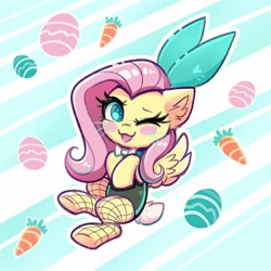 Size: 3175x3180 | Tagged: safe, artist:confetticakez, imported from derpibooru, fluttershy, pegasus, pony, :3, abstract background, blush sticker, blushing, bowtie, bunny suit, carrot, chibi, clothes, cute, easter, egg, female, fishnets, food, holiday, looking at you, mare, one eye closed, open mouth, open smile, shyabetes, smiling, smiling at you, solo, wink