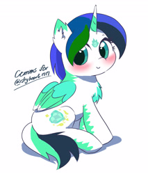 Size: 3066x3600 | Tagged: safe, artist:leo19969525, imported from derpibooru, oc, oc only, alicorn, pony, commission, cute, female, horn, mare, ocbetes, simple background, sitting, smiling, solo, white background, wings