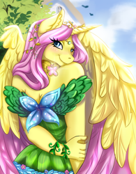 Size: 2480x3182 | Tagged: safe, artist:dorothea322, imported from derpibooru, oc, oc:princess fluttershy, alicorn, anthro, bird, alicorn oc, alternate design, alternate hairstyle, alternate universe, au:friendship is kindness, bare shoulders, big breasts, blushing, breasts, colored wings, commission, element of kindness, female, flattened, house, jewelry, looking at you, milf, ponyville, smiling, smiling at you, solo, story included, stupid sexy fluttershy, tiara, tree, two toned wings, wings, ych result