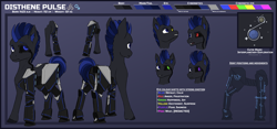 Size: 7963x3717 | Tagged: safe, artist:stardustspix, imported from derpibooru, oc, oc only, cyborg, earth pony, pony, amputee, expressions, male, prosthetic eye, prosthetic leg, prosthetic limb, prosthetics, reference sheet, solo