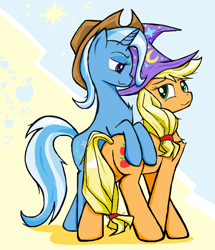 Size: 1020x1186 | Tagged: safe, artist:sallycars, imported from derpibooru, applejack, trixie, earth pony, pony, unicorn, accessory swap, applejack's hat, bipedal, butt, clothes, cowboy hat, duo, female, freckles, hat, legitimately amazing mspaint, lesbian, looking at each other, looking at someone, mare, ms paint, plot, shipping, tripplejack, trixie's hat