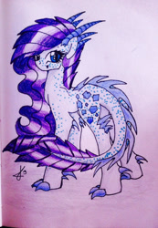 Size: 980x1419 | Tagged: safe, artist:eclast, imported from derpibooru, oc, oc only, oc:ameretie amethyst, dracony, hybrid, female, interspecies offspring, mare, offspring, parent:rarity, parent:spike, parents:sparity, solo, traditional art