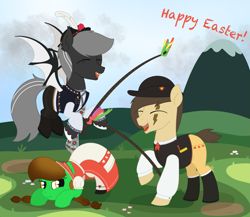 Size: 2371x2055 | Tagged: safe, artist:dyonys, imported from derpibooru, oc, oc:angelo, oc:lucky brush, oc:night chaser, bat pony, earth pony, pony, clothes, czech republic, easter, face down ass up, fangs, female, flying, folk, freckles, hat, holiday, laughing, male, mare, outdoors, scar, stallion, standing