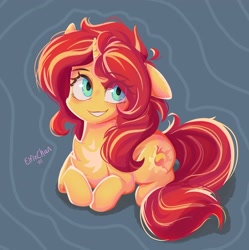 Size: 3616x3637 | Tagged: safe, artist:katakiuchi4u, imported from derpibooru, sunset shimmer, pony, unicorn, equestria girls, chest fluff, eye clipping through hair, eyebrows, eyebrows visible through hair, female, freckles, looking at you, lying down, one ear down, peppered bacon, smiling, solo