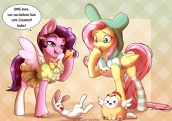 Size: 2194x1543 | Tagged: safe, artist:_ladybanshee_, artist:lady--banshee, imported from derpibooru, angel bunny, fluttershy, pipp petals, dog, pegasus, pony, rabbit, adorapipp, angel is a bunny bastard, angelbetes, animal, bunny ears, bunny hood, clothes, cloudbetes, cloudpuff, cloudpuff is not amused, costume, cute, dress, ear fluff, easter, female, fetlock tuft, g5, holiday, hoodie, laughing, mare, open mouth, phone, shyabetes, signature, socks, striped socks, unamused, unshorn fetlocks, winged dog, wings