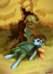 Size: 1200x1659 | Tagged: safe, artist:sa1ntmax, imported from derpibooru, applejack, rainbow dash, earth pony, pegasus, pony, appledash, applejack's hat, autumn, cowboy hat, duo, duo female, eyes closed, female, happy, hat, lesbian, lying, lying down, mare, on back, on top, open mouth, open smile, pointing, shipping, smiling, tree, under the tree, wings