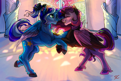Size: 11811x7874 | Tagged: safe, artist:sourcherry, imported from derpibooru, oc, oc only, alicorn, pony, alicorn oc, dancing, door, duo, duo female, female, glass, horn, light, mare, pillar, ribbon, shadow, stained glass, wings