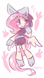 Size: 1076x1914 | Tagged: safe, artist:oofycolorful, imported from derpibooru, fluttershy, pegasus, semi-anthro, abstract background, blushing, bunny ears, butt wings, clothes, costume, cute, daaaaaaaaaaaw, dangerous mission outfit, female, goggles, hoodie, hoof on cheek, looking sideways, open mouth, shy, shyabetes, signature, simple background, solo, spread wings, sweat, sweatdrop, white background, wings