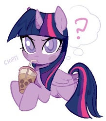 Size: 408x468 | Tagged: safe, artist:tikovka_pumpkin, imported from derpibooru, twilight sparkle, alicorn, pony, bubble tea, drinking, female, looking at you, mare, question mark, simple background, slurp, solo, thought bubble, twilight sparkle (alicorn), white background