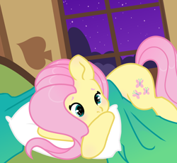 Size: 1536x1415 | Tagged: safe, artist:vi45, imported from derpibooru, fluttershy, pony, bed, blanket, blushing, cute, female, fluttershy's cottage, indoors, lying down, mare, night, pillow, prone, shyabetes, solo, window