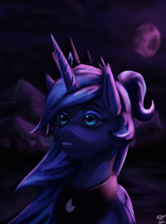 Size: 1000x1346 | Tagged: safe, artist:vezja, imported from derpibooru, princess luna, alicorn, pony, bust, cloud, female, forest, horn, jewelry, lake, mare, moon, mountain, night, open mouth, peytral, ponytail, portrait, regalia, signature, sky, solo, tiara, tree, wings