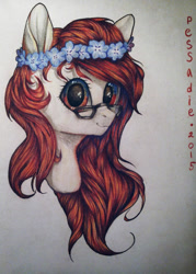 Size: 735x1024 | Tagged: safe, artist:pessadie, imported from derpibooru, oc, oc only, earth pony, pony, bust, earth pony oc, eyelashes, female, floral head wreath, flower, glasses, mare, solo, traditional art