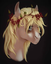 Size: 1600x2000 | Tagged: safe, artist:pessadie, imported from derpibooru, oc, oc only, earth pony, pony, black background, bust, earth pony oc, female, flower, flower in hair, mare, simple background, solo
