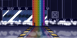 Size: 1400x700 | Tagged: safe, artist:zeka10000, imported from derpibooru, fanfic:rainbow factory, fighting is magic, box, cloud, conveyor belt, crate, fanfic art, fog, game, no pony, pixel art, railing, rain, rainbow, window