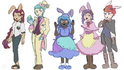 Size: 1920x1080 | Tagged: safe, artist:metaruscarlet, imported from derpibooru, hitch trailblazer, izzy moonbow, pipp petals, sunny starscout, zipp storm, human, belt, boots, bowtie, bunny ears, clothes, coat, dark skin, dress, easter, easter bunny, easter egg, egg, female, floral head wreath, flower, flower in hair, g5, gloves, hat, holiday, humanized, male, mane five (g5), monocle, necktie, one eye closed, open mouth, pants, pipp is tall, pocket watch, sandals, shirt, shoes, simple background, skirt, socks, suit, top hat, vest, white background, wink