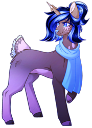 Size: 1252x1739 | Tagged: safe, artist:purplegrim40, imported from derpibooru, oc, oc only, deer, unideer, blue eyes, blue nose, clothes, cloven hooves, colored ears, colored hooves, facial markings, full body, gradient coat, horn, looking back, markings, pale belly, raised hoof, scarf, simple background, solo, transparent background, two toned mane