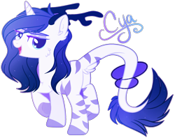 Size: 1706x1350 | Tagged: safe, artist:purplegrim40, imported from derpibooru, oc, oc only, hybrid, pony, adoptable, antlers, base used, blue mane, blue tail, body markings, butt, cheek fluff, colored hooves, dock fluff, ear fluff, eye clipping through hair, firealpaca, horn, jewelry, leonine tail, lidded eyes, looking at you, looking back, looking back at you, open mouth, plot, raised hoof, ring, simple background, smiling, solo, tail, tail ring, transparent background, white coat