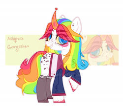Size: 1920x1695 | Tagged: safe, artist:dillice, imported from derpibooru, oc, oc only, pony, unicorn, curved horn, deviantart watermark, eye clipping through hair, eyelashes, grin, horn, multicolored hair, obtrusive watermark, rainbow hair, raised hoof, simple background, smiling, solo, unicorn oc, watermark, white background, zoom layer
