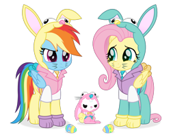 Size: 2000x1600 | Tagged: safe, artist:spookitty, imported from derpibooru, angel bunny, fluttershy, rainbow dash, pegasus, pony, rabbit, animal, animal costume, bunny costume, bunny ears, bunny hood, bunnyshy, clothes, costume, cute, dashabetes, easter, easter egg, egg, female, grumpy, happy, happy easter, holiday, paw gloves, shyabetes, simple background, transparent background, vest