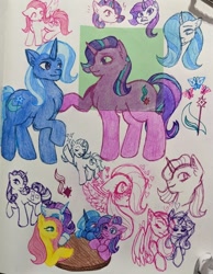 Size: 640x824 | Tagged: safe, artist:mintroni, imported from derpibooru, fluttershy, rarity, starlight glimmer, trixie, female, flarity, lesbian, shipping, startrix, traditional art