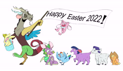 Size: 7749x4500 | Tagged: safe, artist:chub-wub, imported from derpibooru, applejack, discord, fluttershy, pinkie pie, rainbow dash, rarity, spike, twilight sparkle, bird, chicken, draconequus, dragon, lamb, rabbit, sheep, 2022, absurd resolution, animal, applejack's hat, basket, birdified, bunnified, bunny ears, bunny pie, bunnyjack, bunnyshy, chickenified, cowboy hat, discord what have you done, easter, easter egg, egg, exclamation point, eyebrows, eyebrows visible through hair, eyes closed, female, flag, frown, happy easter, hat, holiday, male, mane seven, mane six, open mouth, open smile, rarisheep, sheepified, simple background, smiling, species swap, transformation, varying degrees of want, what have you done?!, white background