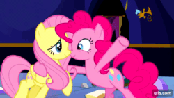 Size: 640x360 | Tagged: safe, imported from derpibooru, screencap, fluttershy, pinkie pie, earth pony, pegasus, pony, party pooped, season 5, animated, bipedal, boop, duo, female, gif, gifs.com, grin, mare, noseboop, open mouth, open smile, pinkie being pinkie, smiling, twilight's castle