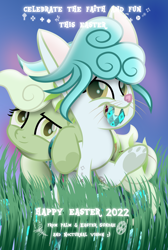 Size: 3470x5167 | Tagged: safe, artist:lincolnbrewsterfan, imported from derpibooru, oc, oc only, oc:easter sundae, oc:palm sundae, earth pony, hybrid, original species, pony, rabbit, my little pony: the movie, .svg available, animal, blue hair, blue mane, blue tail, bucktooth, bunny ears, bunny tail, bunny teeth, carrying, christianity, cloud, cross, curly hair, curly mane, curly tail, duo, duo female, earth pony oc, easter, easter bunny, easter egg, egg (food), equestria font, female, food, glow, gradient mane, gradient tail, grass, grass field, happy, heart, heart hoof, holiday, leaning, looking at you, lying down, lying on top of someone, mare, mouth hold, movie accurate, paw pads, rabbit pony, sibling love, siblings, sigil, sisters, smiling, smiling at you, sunrise, svg, symbol, tail, text, vector, well wishing