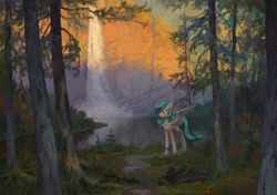 Size: 4096x2885 | Tagged: safe, artist:koviry, imported from derpibooru, oc, oc only, oc:summer ray, pegasus, pony, chest fluff, cliff, commission, female, forest, jewelry, lake, mare, necklace, scenery, scenery porn, solo, spread wings, water, waterfall, wings