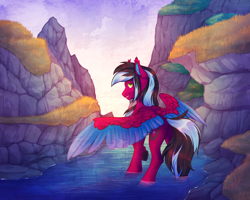 Size: 2500x2000 | Tagged: safe, artist:dereketto, imported from derpibooru, oc, oc only, oc:razzmatazz gleam, hybrid, pegasus, pony, female, grin, high res, looking at you, looking back, looking back at you, mare, rear view, river, scenery, smiling, smiling at you, solo, spread wings, sunrise, water, wings