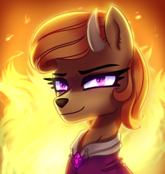 Size: 7200x7600 | Tagged: safe, artist:opal_radiance, imported from derpibooru, oc, oc only, oc:viira lehtola, deer, equestria at war mod, absurd resolution, bust, clothes, deer oc, fire, jacket, looking at you, smiling, smiling at you, smirk, smug