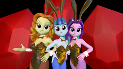 Size: 1600x900 | Tagged: safe, artist:oatmeal!, imported from derpibooru, adagio dazzle, aria blaze, sonata dusk, human, equestria girls, 3d, bedroom eyes, bowtie, breasts, bunny ears, bunny suit, clothes, cuffs (clothes), easter, easter bunny, gem, gemstones, gmod, grin, group shot, hand on hip, holiday, humanized, legs together, leotard, looking at you, pantyhose, playboy bunny, sexy, simple background, siren gem, smiling, the dazzlings, wide eyes