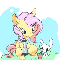 Size: 1300x1300 | Tagged: safe, artist:creamyogurt, imported from derpibooru, angel bunny, fluttershy, abstract background, mate, sitting, yerba mate