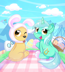 Size: 1636x1818 | Tagged: safe, artist:rainbow eevee, imported from derpibooru, lyra heartstrings, dog, pony, unicorn, 2022, adopt me!, adoption island, basket, bridge, brown eyes, building, bunny ears, bunny feet, bunny hood, butt, clothes, cloud, digital art, easter, easter basket, easter egg, egg (food), eggburt, eyelashes, female, food, happy, holiday, hoodie, one eye closed, open mouth, orange eyes, paw pads, plot, roblox, silhouette, sitting, sky, tongue out, two toned mane