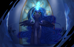 Size: 1825x1166 | Tagged: safe, artist:rily, imported from derpibooru, nightmare moon, princess luna, alicorn, pony, unicorn, angry, blue, castle, crystal, looking at you, night