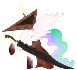 Size: 1959x1766 | Tagged: safe, artist:dyonys, imported from derpibooru, princess celestia, alicorn, pony, series:horrorverse, blood, clothes, great knife, knife, magic, pyramid head, silent hill, simple background, skirt, spread wings, sword, transparent background, weapon, wings