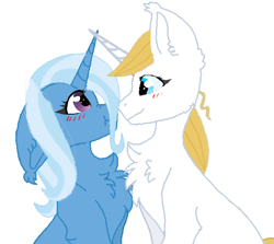 Size: 600x535 | Tagged: safe, artist:decokenite, imported from derpibooru, prince blueblood, trixie, pony, unicorn, base used, bluetrix, blushing, boop, chest fluff, crossed horns, ear fluff, female, flushed face, horn, horns are touching, looking at each other, looking at someone, male, mare, messy mane, shipping, simple background, sitting, smiling, stallion, straight, white background