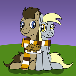 Size: 1600x1600 | Tagged: safe, artist:platinumdrop, imported from derpibooru, derpy hooves, doctor whooves, time turner, earth pony, pegasus, pony, clothes, doctorderpy, duo, female, food, male, muffin, request, scarf, shared clothing, shared scarf, shipping, straight, striped scarf