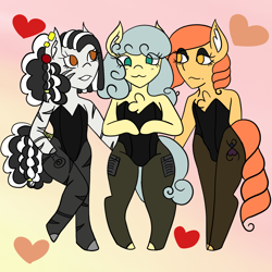 Size: 2048x2048 | Tagged: safe, artist:mintymelody, imported from derpibooru, oc, oc:light bright, oc:rainbow ribbon, oc:zurina, earth pony, pegasus, semi-anthro, zebra, bunny suit, clothes, crossdressing, stockings, thigh highs