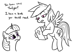 Size: 708x516 | Tagged: safe, artist:jargon scott, imported from derpibooru, rainbow dash, twilight sparkle, pegasus, pony, unicorn, bible, black and white, christianity, cross, cross necklace, dialogue, eye contact, female, flying, frown, grayscale, hoof hold, jewelry, lidded eyes, lineart, looking at each other, looking at someone, mare, monochrome, necklace, partial color, raised eyebrow, religion, religion in the comments, simple background, unicorn twilight, white background