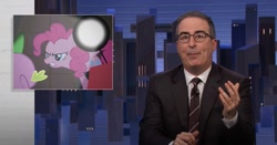 Size: 1391x729 | Tagged: safe, imported from derpibooru, screencap, pinkie pie, spike, dragon, earth pony, human, pony, party of one, interrogation, irl, irl human, john oliver, last week tonight, photo, picture in picture, youtube link in the description