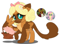 Size: 3072x2308 | Tagged: safe, artist:interstellar-quartz, imported from derpibooru, capper dapperpaws, fluttershy, oc, hybrid, pegasus, basket, chest fluff, flower, interspecies offspring, offspring, parent:capper dapperpaws, parent:fluttershy, simple background, transparent background, watermark