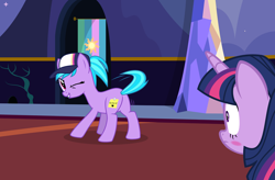 Size: 2532x1664 | Tagged: safe, artist:lunaticdawn, imported from derpibooru, azure velour, twilight sparkle, earth pony, pony, blushing, butt, butt shake, cap, female, hat, one eye closed, plot, smiling, sticky note, text, twerking, twilight's castle, wink